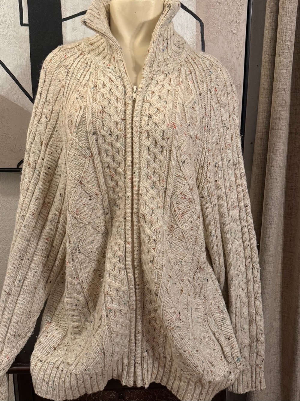 Oleg Cassini Cream Speckled Cable Knit Zip-Up Cardigan